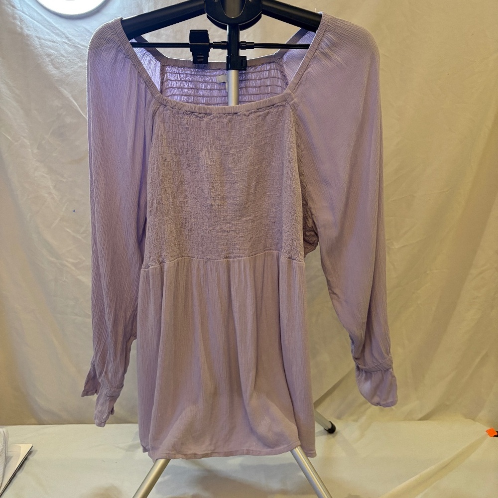 Sonoma Womens 2X Plus Purple Smocked Bodice Square Neckline  Blouse Long Sleeve